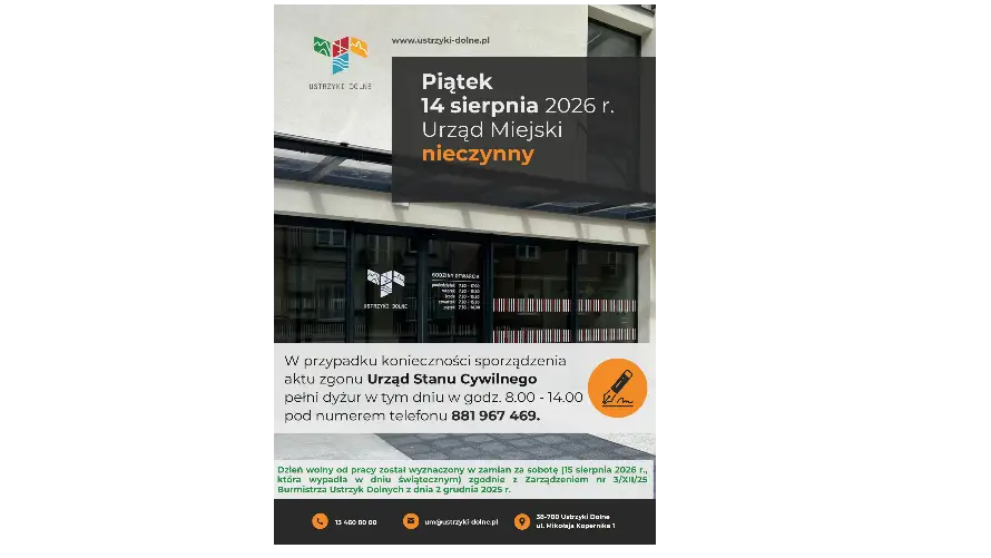 Urząd Miejski w Ustrzykach Dolnych nieczynny 14 sierpnia 2026 roku