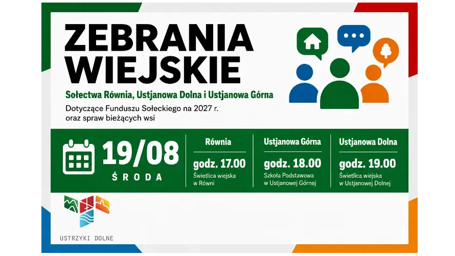 Zebrania wiejskie w sołectwach Równia, Ustjanowa Górna i Ustjanowa Dolna zaplanowane na 19 sierpnia 2026 r.