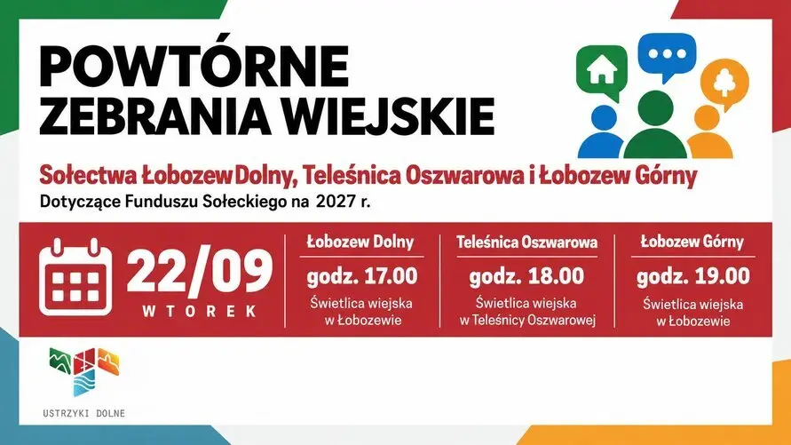 Powtórne zebrania wiejskie w sołectwach Łobozew Dolny, Teleśnica Oszwarowa i Łobozew Górny - 22 września 2026 r.