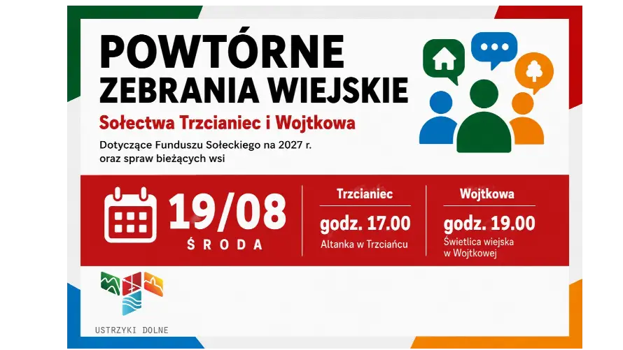 Powtórne zebrania wiejskie w Trzcianicu i Wojtkowej – 19 sierpnia 2026 r.