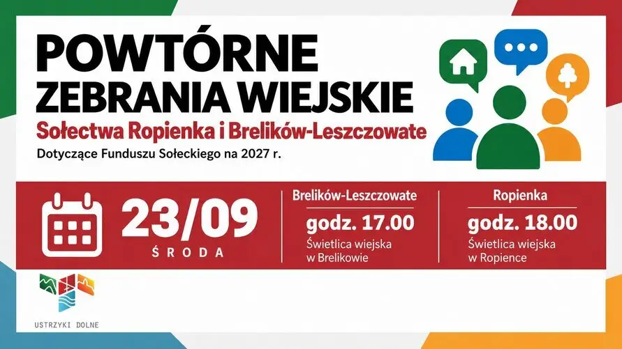 Powtórne zebrania wiejskie w sołectwach Brelików-Leszczowate i Ropienka – 23 września 2026 r.