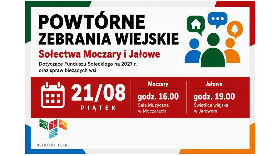 Ponowne zebrania wiejskie sołectw Moczary i Jałowe - 21 sierpnia 2026 roku
