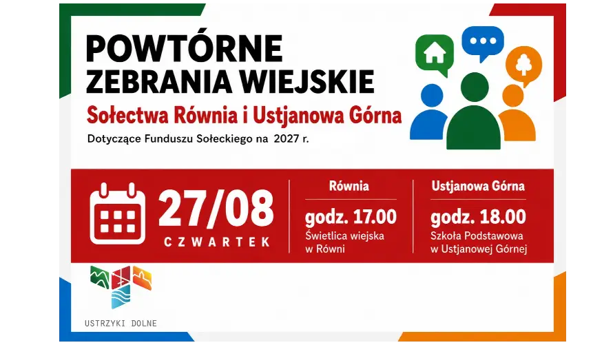 Powtórne zebrania wiejskie w sołectwach Równia i Ustjanowa Górna – 27 sierpnia 2026 r.